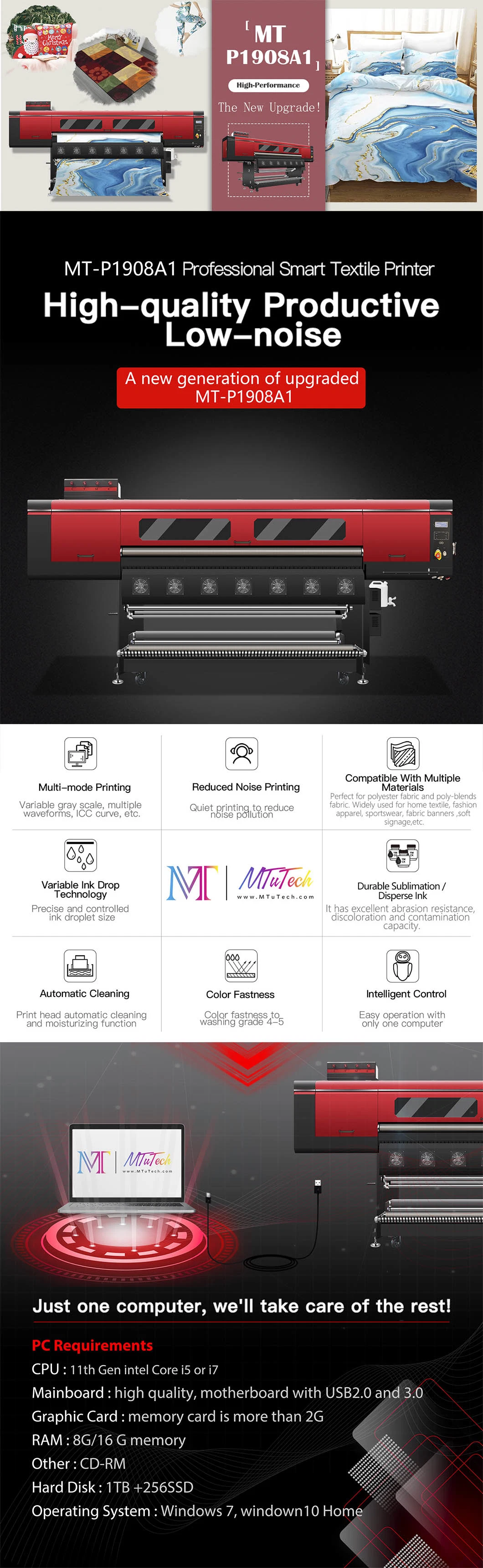MT MTuTech 1.9 Meters Digital Textile Sublimation Clothes Printing Machine for Cotton Fabric Home Textile with I3200 Printhead
